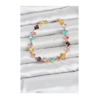 Kristal Taşlı Kesimli Karışık Renkli Gold Renk Gema Kadın Bileklik