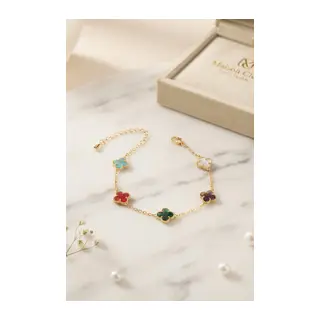 Renkli Kristal Taşlı Gold Renk Yonca Model Kadın Bileklik