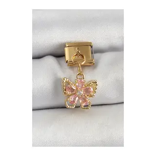 316L Çelik Sallantılı Zirkon Taşlı Çiçek Figürlü Kelebek Model Gold Renk Nomination Charm