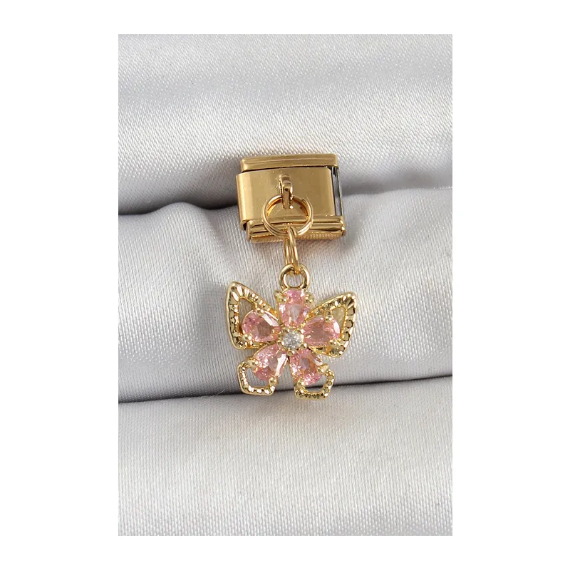 316L Çelik Sallantılı Zirkon Taşlı Çiçek Figürlü Kelebek Model Gold Renk Nomination Charm