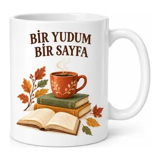 Bir Yudum Bir Sayfa Kitap ve Kahve Temalı Porselen Kupa - Sonbahar Tasarımı - MODEL 257