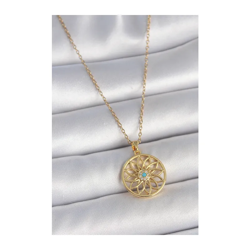 316L Çelik Gold Renk Zincr Mavi Taşlı Lotus Model Kadın Kolye