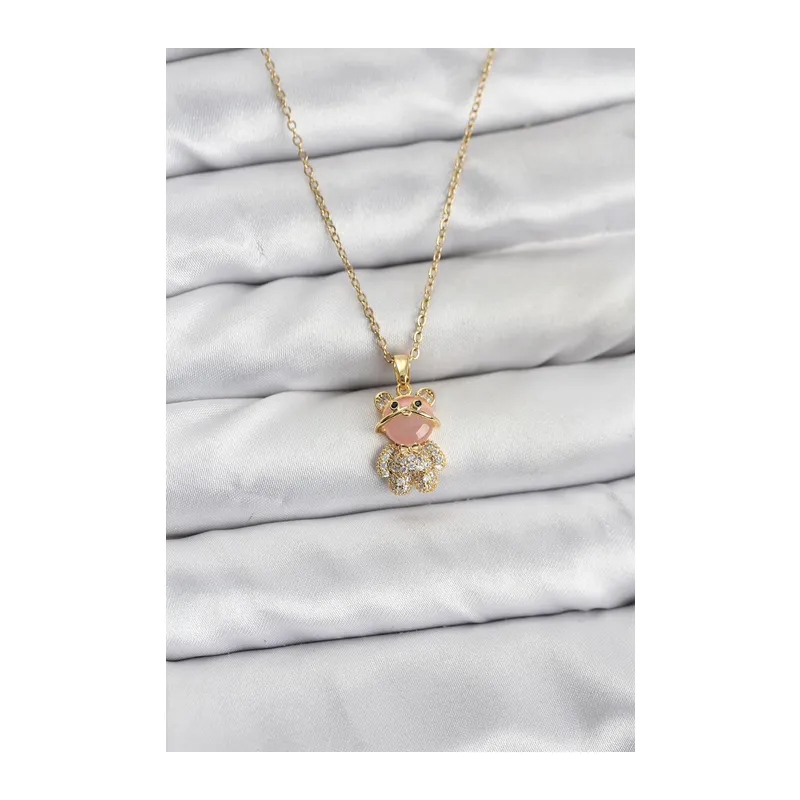 316L Çelik Zincir Gold Renk Teddy Bear Model Zirkon Taşlı Kadın Kolye