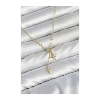 Pirinç Gold Renk Zirkon Taşlı Minimal Sallantılı Kutup Yıldızı Model Kadın Kolye