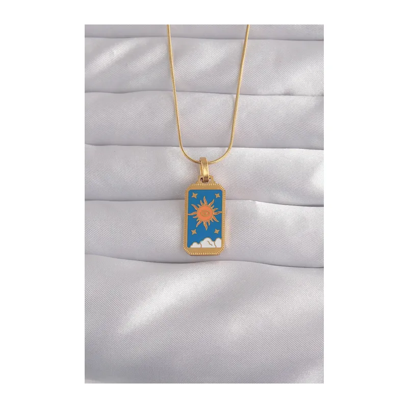 316L Çelik Gold Renk Mavi Mineli Güneş Model Tarot Kolye