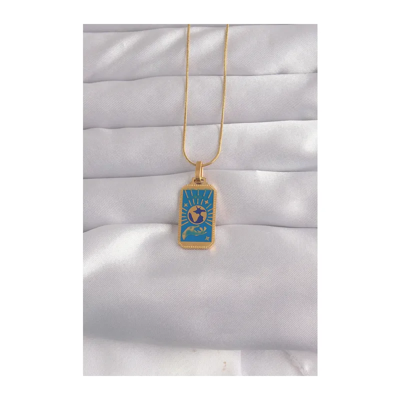 316L Çelik Gold Renk Mavi Mineli El Figür Tarot Kolye