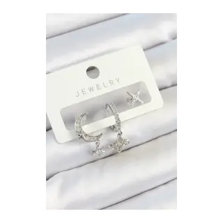 Pirinç Zirkon Taşlı Çiçek Ve Ay Model Gümüş Renk 3'lü Çift Kadın Küpe Set