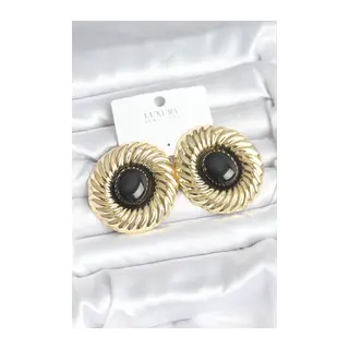 Pirinç Gold Renk Siyah Boncuklu Vintage Kadın Küpe