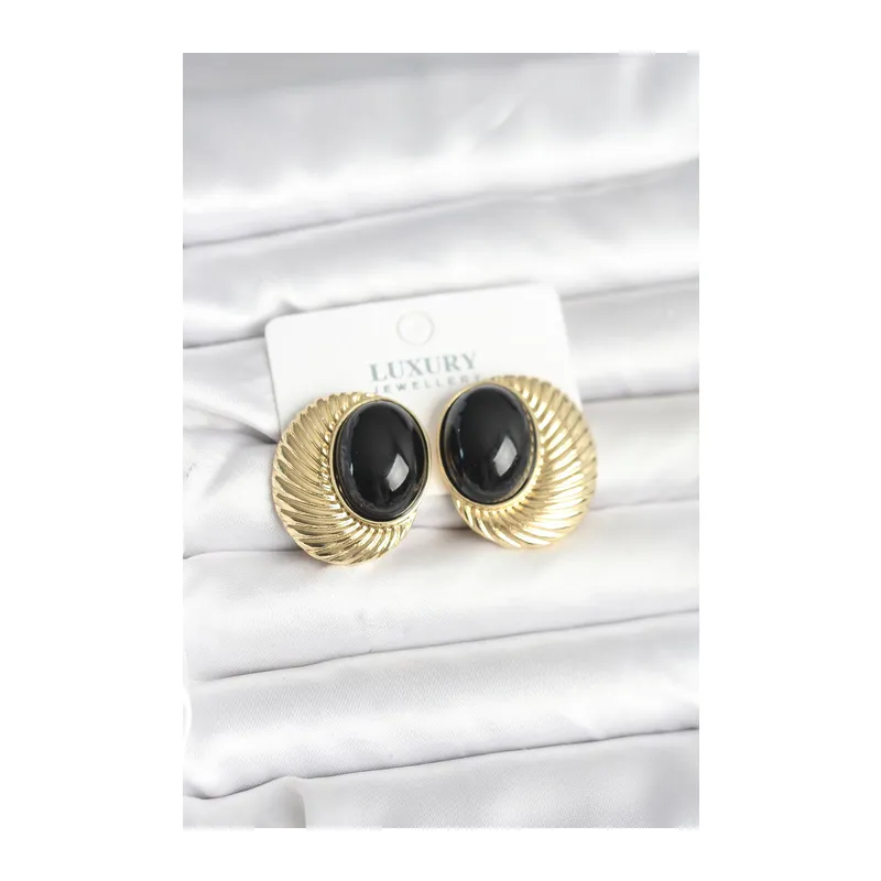 Pirinç Gold Renk Siyah Boncuklu Oval Vintage Kadın Küpe
