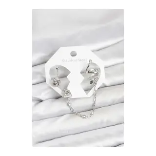 Pirinç Gümüş Renk Yılan Model Zincir Bağlantılı Ear Cuff Küpe Seti