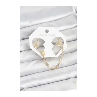 Kelebek Model Pirinç Gold Renk Zincir Bağlantılı Ear Cuff Küpe Seti