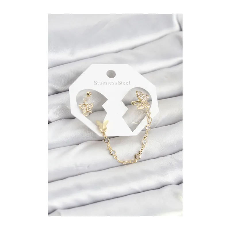 Kelebek Model Pirinç Gold Renk Zincir Bağlantılı Ear Cuff Küpe Seti