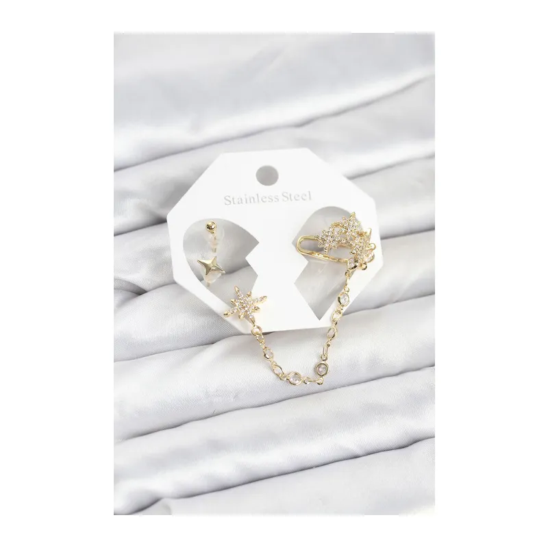 Kutup Yıldızı Model Pirinç Gold Renk Zincir Bağlantılı Ear Cuff Küpe Seti