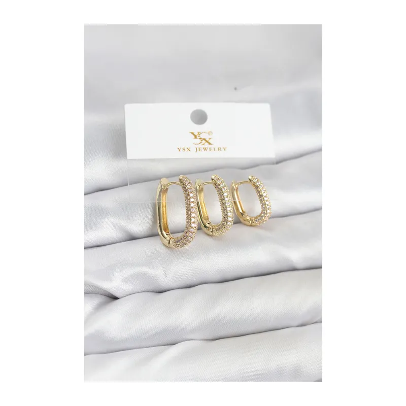 Pirinç Gold Renk Zirkon Taşlı Halka Model YSX Trio Küpe Seti