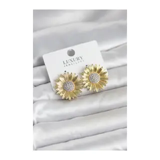Papatya Model Zirkon Taşlı Pirinç Gold Renk Kadın Küpe