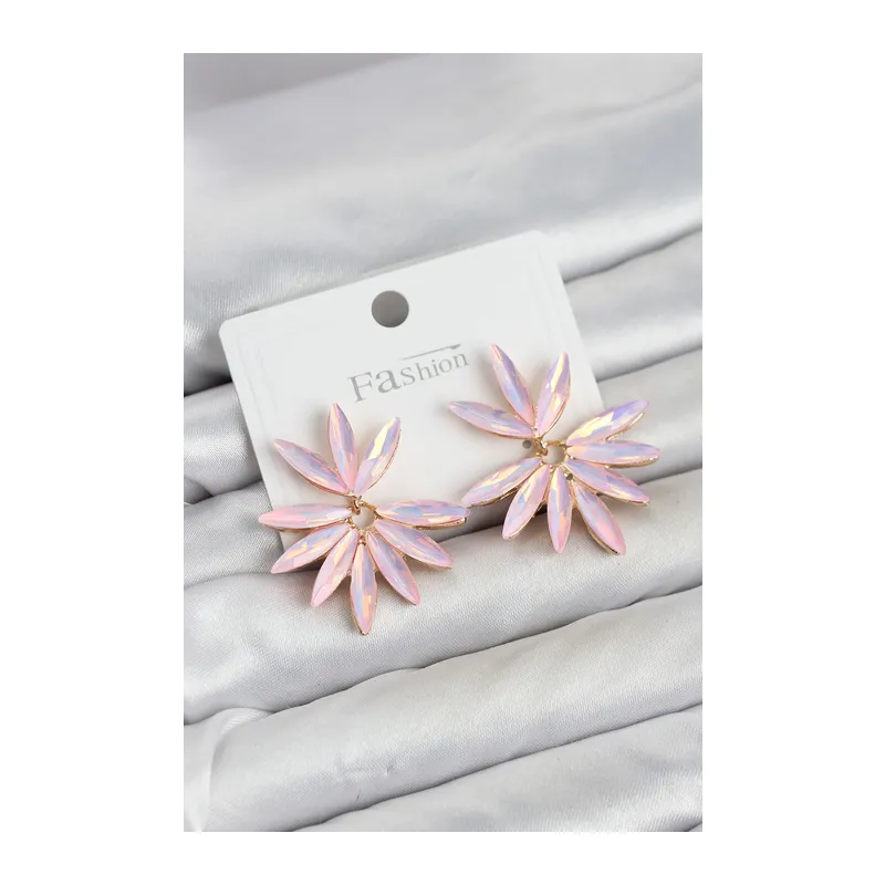 Pembe Renk Kristal Taşlı Lotus Model Kadın Küpe