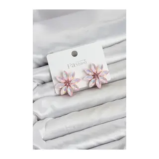 Pembe Renk Kristal Taşlı Lotus Çiçek Model Kadın Küpe