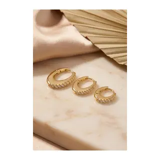 Gold Renk Oval Halka Model Zirkon Taşlı 3 lü Küpe Set