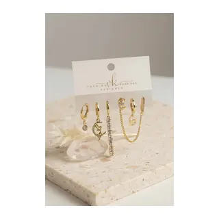 Gold Renk Pirinç Zirkon Taşlı 6'lı Küpe Set Kombini