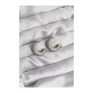 Pirinç Gümüş Renk Zirkon Taşlı Yarım Halka Küpe