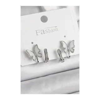 Pirinç Gümüş Renk Zirkon Taş Detaylı Beyaz Sedefli Kelebek Model Kadın Küpe