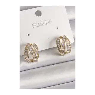 Pirinç Gold Renk Zirkon Taşlı Düğüm Halka Model Kadın Küpe