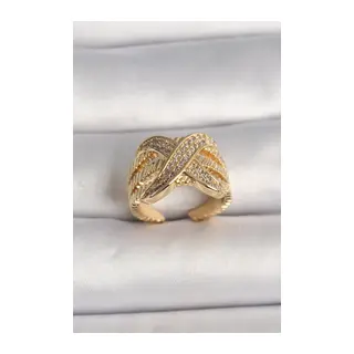 Pirinç Gold Renk Ayarlanabilir Zirkon Taşlı X Model Kadın Yüzük