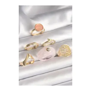 Pirinç Gold Renk Pembe Plastik Yüzük Model Daire Pembe Mine Yılan Detay 6'Lı Kadın Yüzük Seti