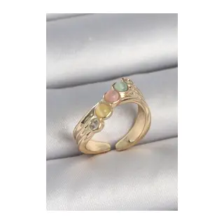 Pirinç Gold Renk Zirkon Taş Detaylı Karışık Mineli Ayarlanabilir Kadın Yüzük