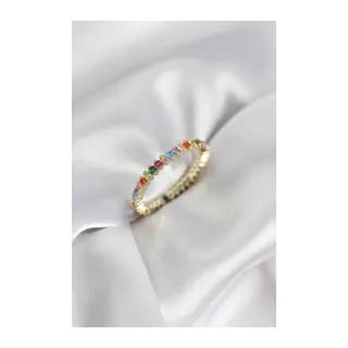 Sıralı Karışık Renkli Gold Renk Zirkon Taşlı Kadın Yüzük