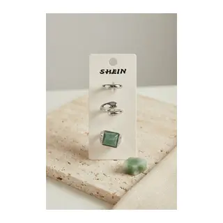 Gümüş Renk Pirinç 3'lü Yeşil Taşlı Detaylı Vintage Kadın Yüzük Kombini BYK4293