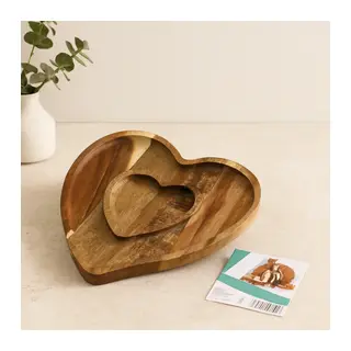 Ahşap Bambu Servis Tepsisi 2 Bölmeli Kalp Model 20x19.5x1.5 cm