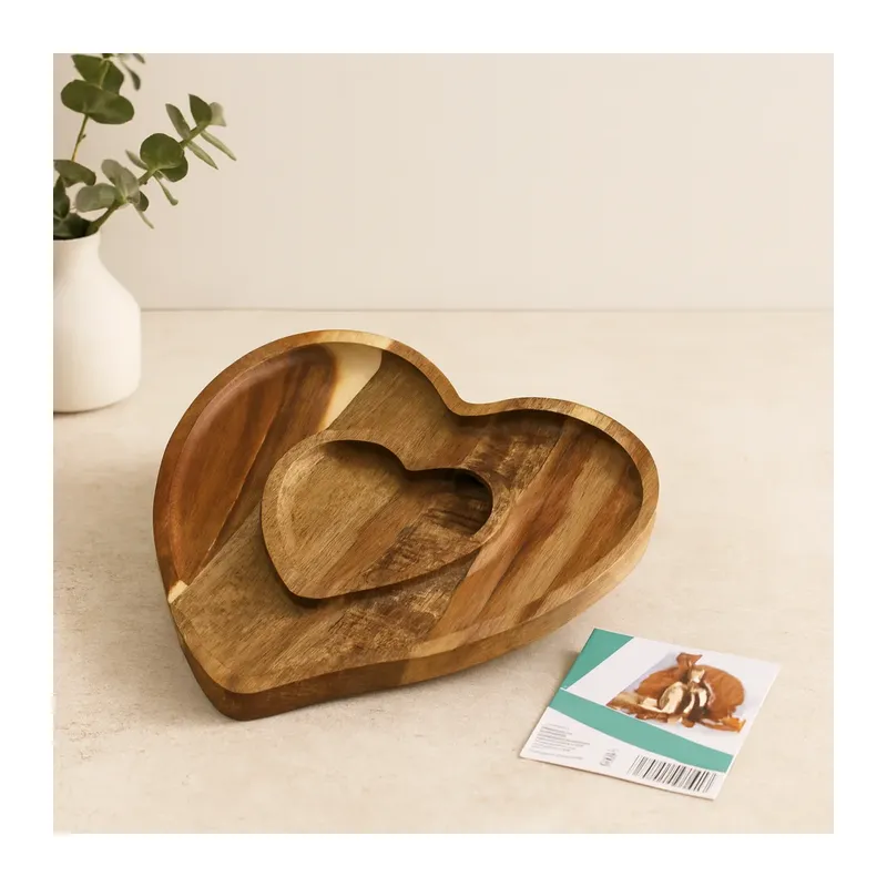 Ahşap Bambu Servis Tepsisi 2 Bölmeli Kalp Model 20x19.5x1.5 cm