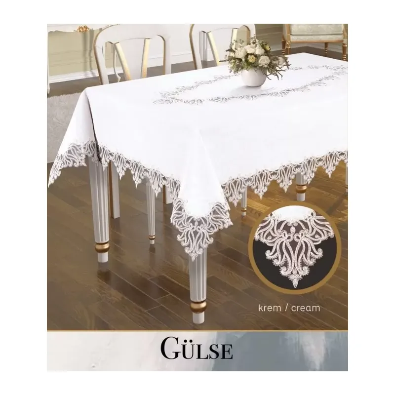 Keten Dantelli Gülse Model 155x220 cm Krem Yemek Masası Örtüsü Dekoratif Tasarım