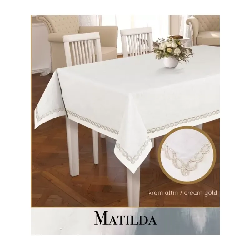 155x260 cm Matilda Model Krem-Gold Tablecloth Keten Masa Örtüsü Şık Masa Dekorasyonu