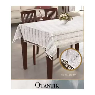 150x260 cm Otantik Krem Pamuklu Masa Örtüsü Şık Yemek Masası Dekoru