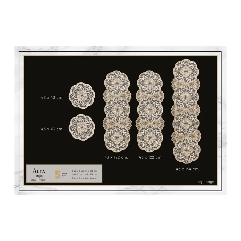 Alya Model No124 Gold 5 Parça Salon Takımı Dantelli Masa Örtüsü Runner Seti
