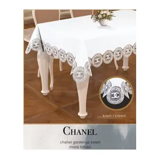 Gardenya Keten Tek Masa Örtüsü 160x260 cm Dantelli Yemek Masası Örtüsü Chanel Model Krem-Krem