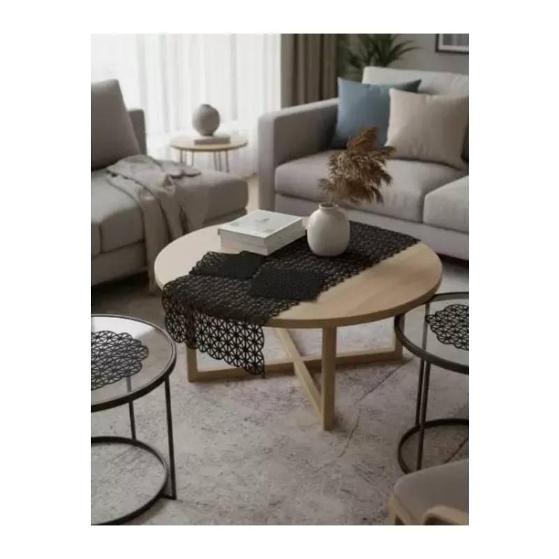 Krem Angles Model Dantel Masa Örtüsü Runner Seti 5 Parça Salon Takımı