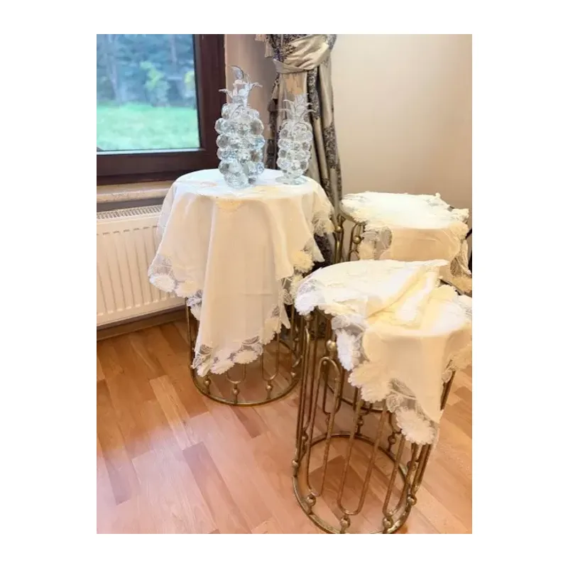 Salon Takımı Flowers Model Krem 5 Parça Keten Dantelli Runner Seti No 99325