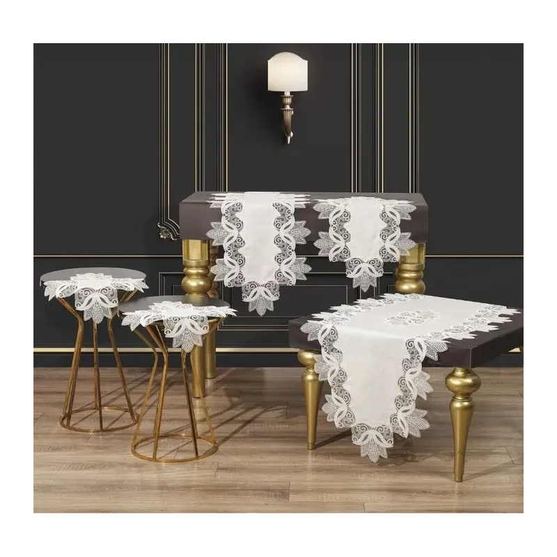 Salon Takımı Krem-Gold Kayla Model 5 Parça Keten Dantelli Masa Örtüsü Runner Seti