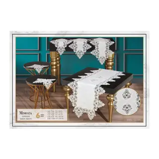 Mimoza Model Krem 5 Parça Dantel Masa Örtüsü Runner Seti Salon Takımı No 666