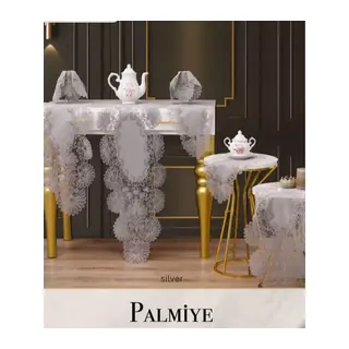 Palmiye Model Gri 5 Parça Keten Masa Örtüsü Runner Seti Salon Takımı