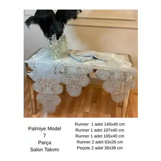 Salon Takımı Palmiye Model Gri Keten Runner Seti 5 Parça