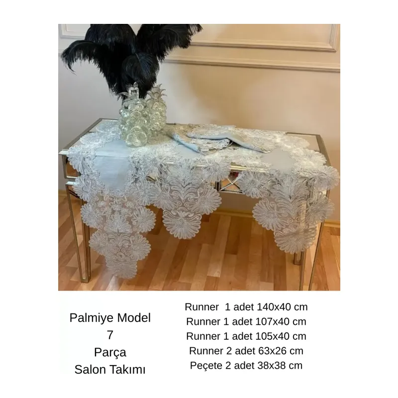 Salon Takımı Palmiye Model Gri Keten Runner Seti 5 Parça