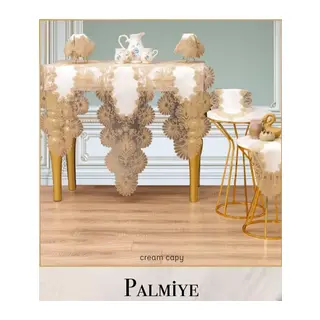 Krem-Kapiçino Palmiye Model 5 Parça Keten Masa Örtüsü Runner Seti No 66625