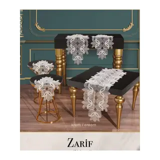 Zarif Model Krem Dantelli Masa Örtüsü Runner Seti Çeyizlik Salon Takımı 5 Parça