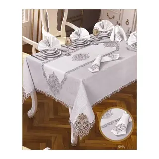 Elegant Linen Krem-Gümüş 26 Parça 12 Kişilik 160 × 260 cm Masa Takımı