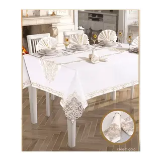 Elegant Linen 26 Parça 12 Kişilik Krem-Gold 160 × 260 cm Masa Takımı