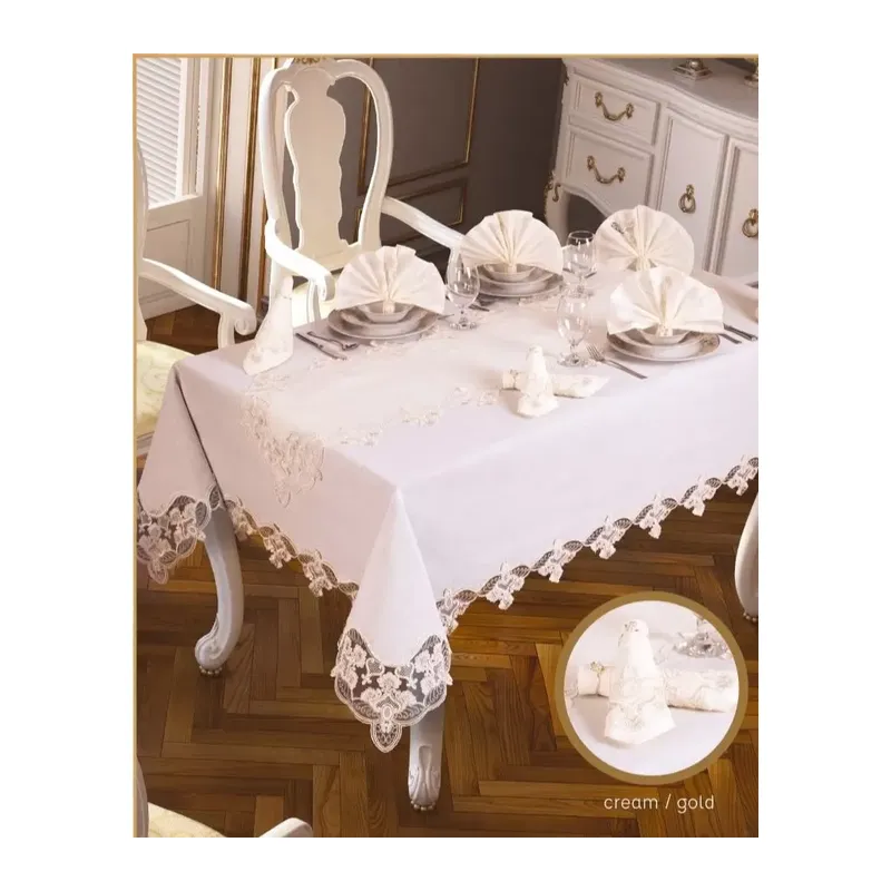 Karanfil Gardenya Keten Krem-Gold 26 Parça 12 Kişilik Premium 160 × 220 cm Masa Seti